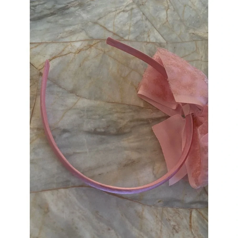 Pink Floral Lace‎ Layered Bow Headband with Rhinestone Center Coquette Style